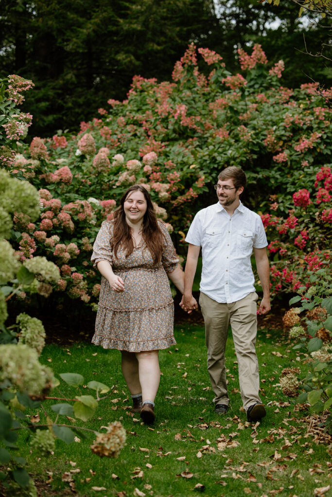 Couple walking together surrounded by colorful Hydrangeas in Wickham Park