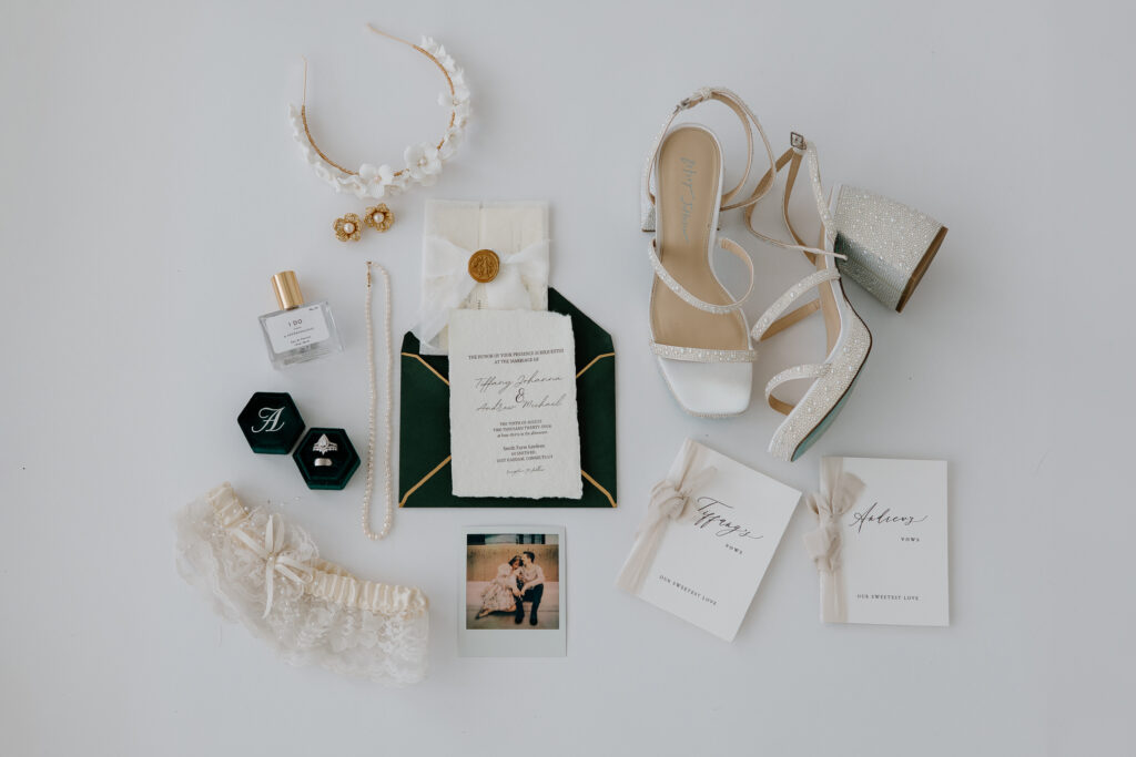 wedding day details image of a invitation suite flatlay